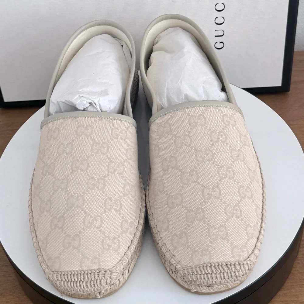 Gucci Mens GG Monogram Canvas Espadrilles White Beige 466903 US 8